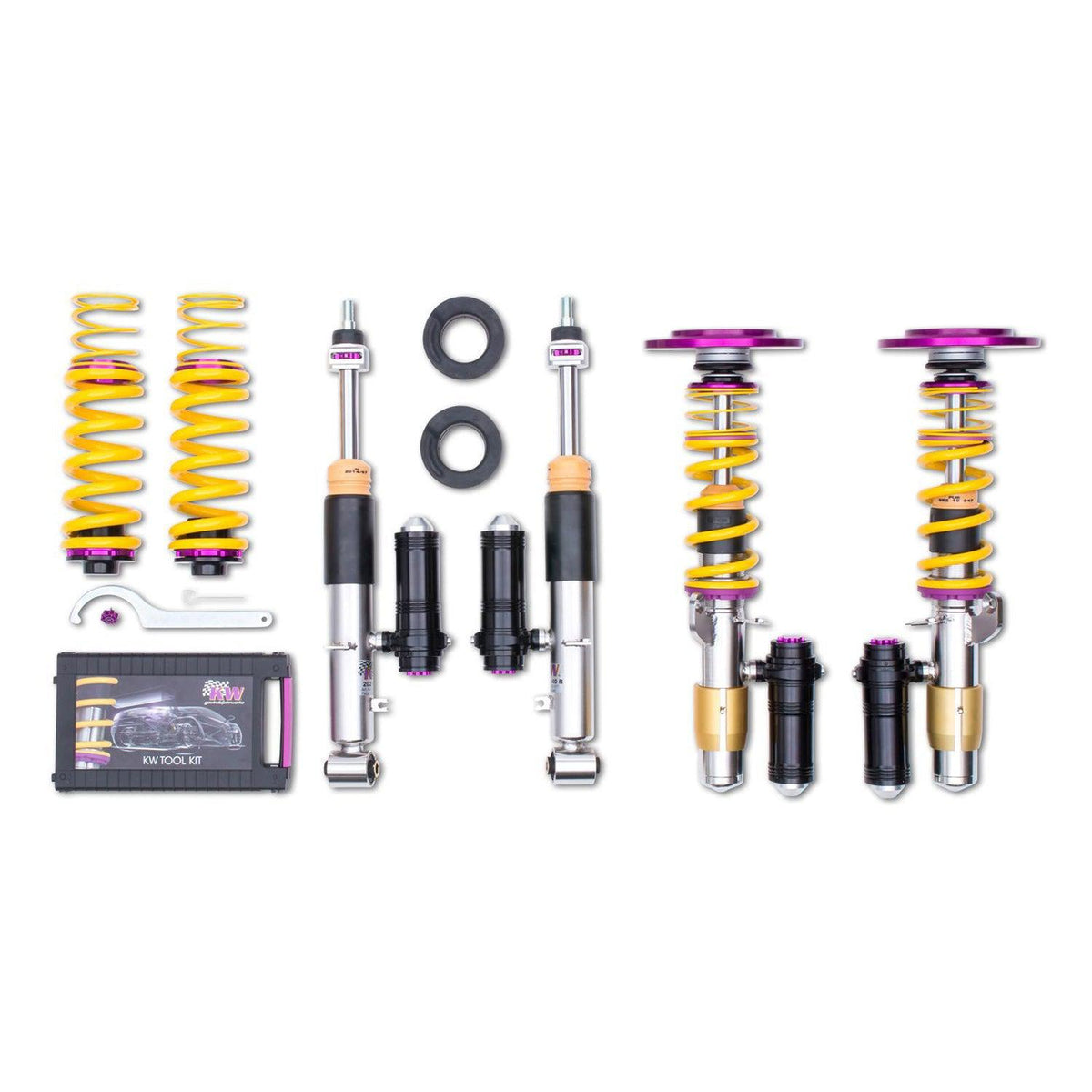KW Suspension BMW M3 M4 ClubSport V3 coilover kit for F80/F82 models, front and rear coilovers with adjustable dampers.