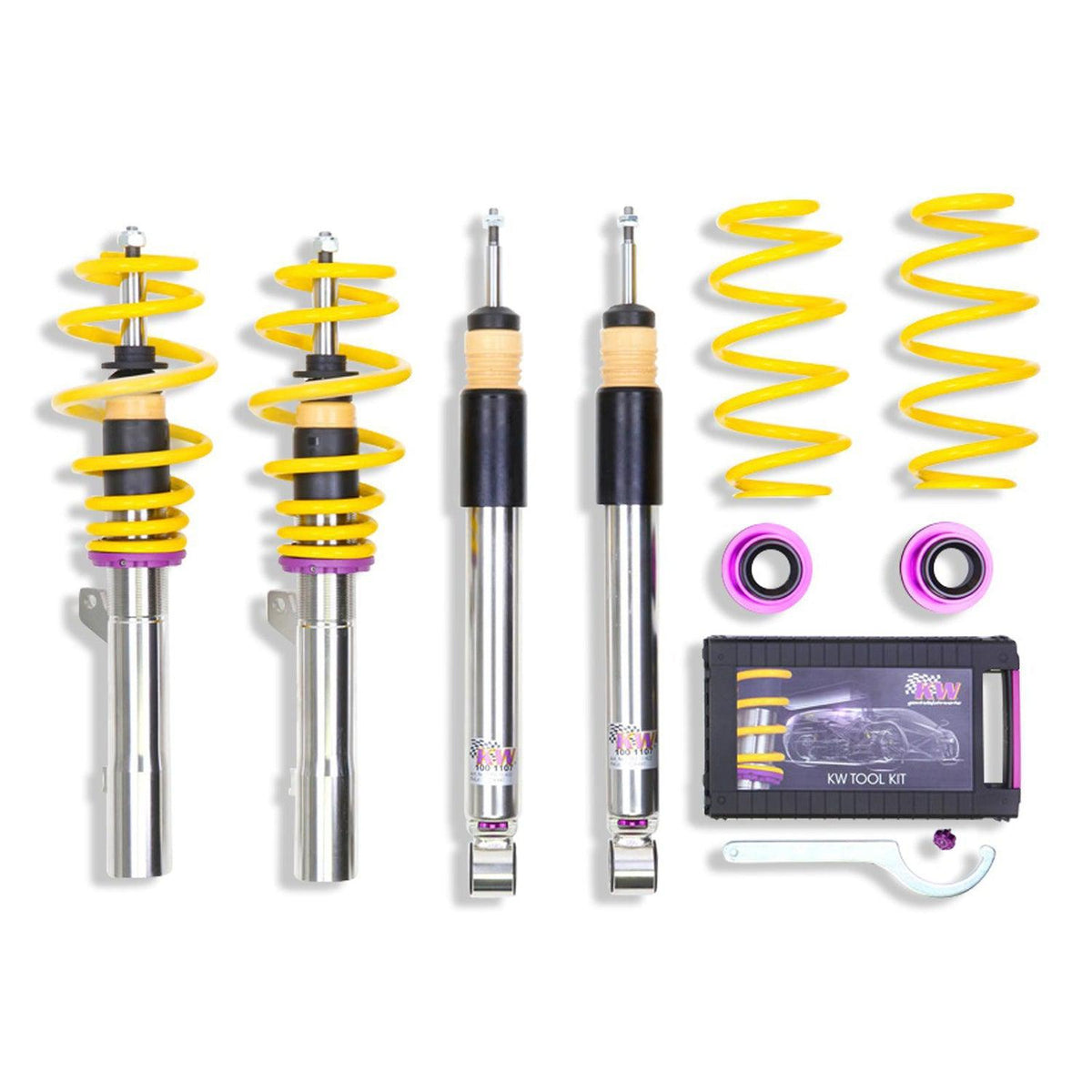 KW Suspension V3 coilover kit for BMW E90/E92, front and rear suspension coilovers without deactivation kit installed.
