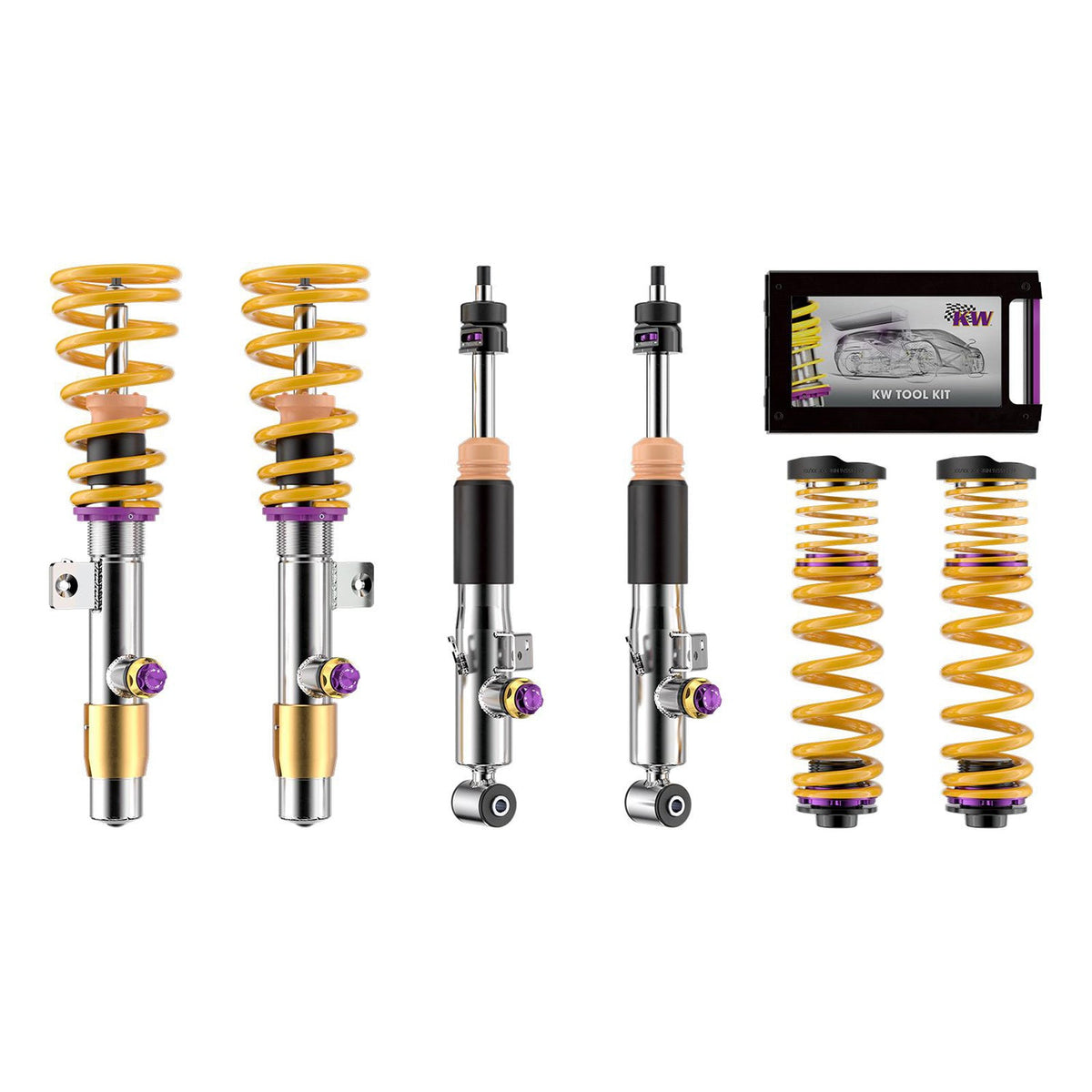 KW Suspension V4 coilover kit installed on BMW G80 M3 and G82 M4 XDrive, showing adjustable suspension components and coilover setup.