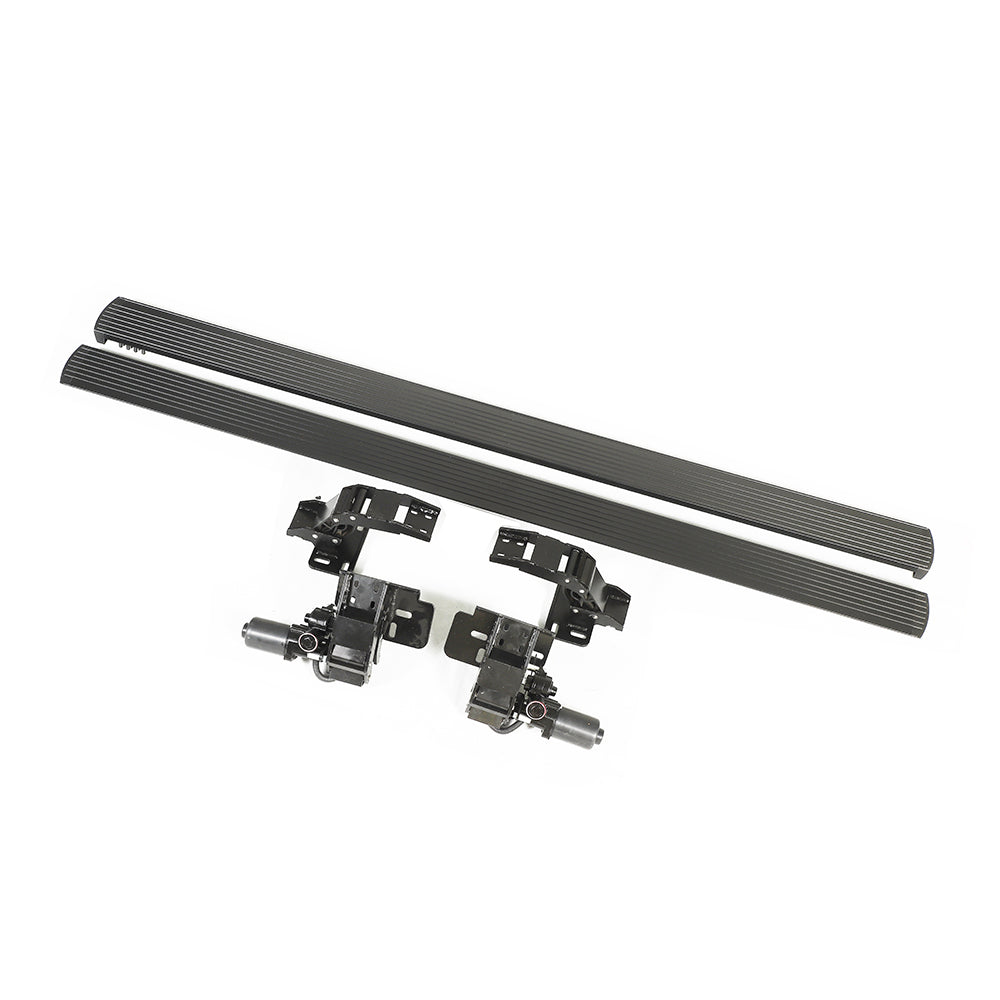 Land Rover Defender L663 110 electric fold-out side steps by CT Carbon, showing sleek, high-quality vehicle accessory in use.