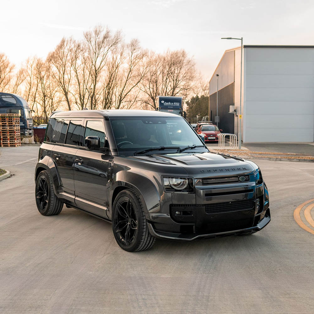 Full view of the CT Design Land Rover Defender L663 110 full carbon fiber wide arch kit installed on the vehicle.