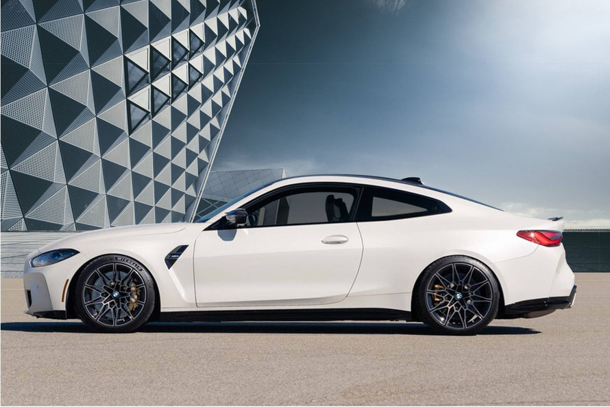 Bimecc STANCE KIT for M4 G82/G83 with wheel spacers, white M4 G82 vehicle showing installed stance kit and wheel setup