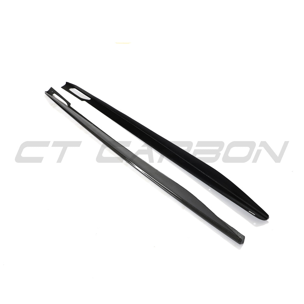 BMW 4 Series G26 and i4 carbon fibre side skirts by CT Carbon, shown installed on the vehicle's side profile.