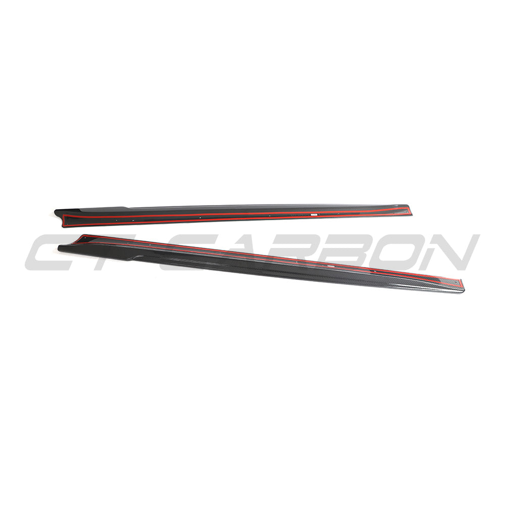 Tesla Model 3 2023+ carbon fibre side skirts by CT Carbon, featuring sleek, aerodynamic design with a carbon fiber finish.