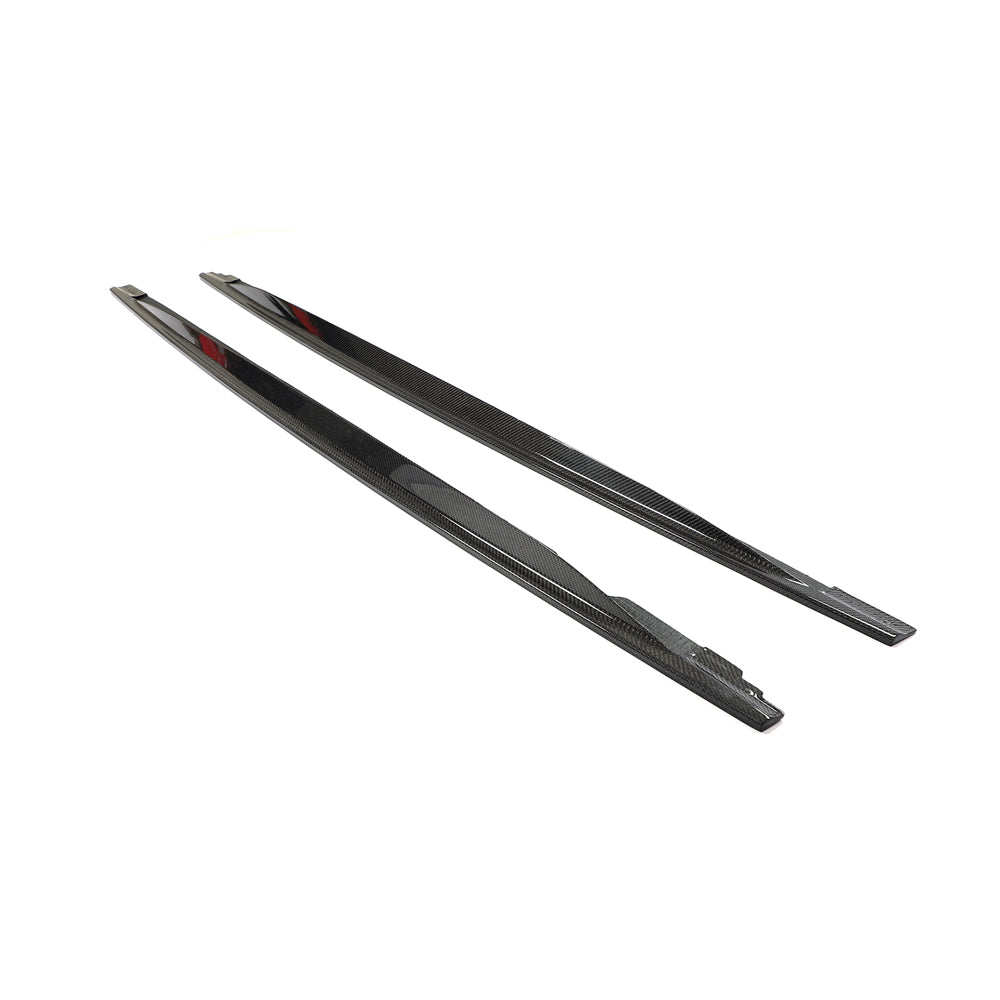 Carbon fiber side skirts for VW Golf MK8/MK8.5 R 2020+ by CT Carbon, showcasing sleek, aerodynamic design on the vehicle.