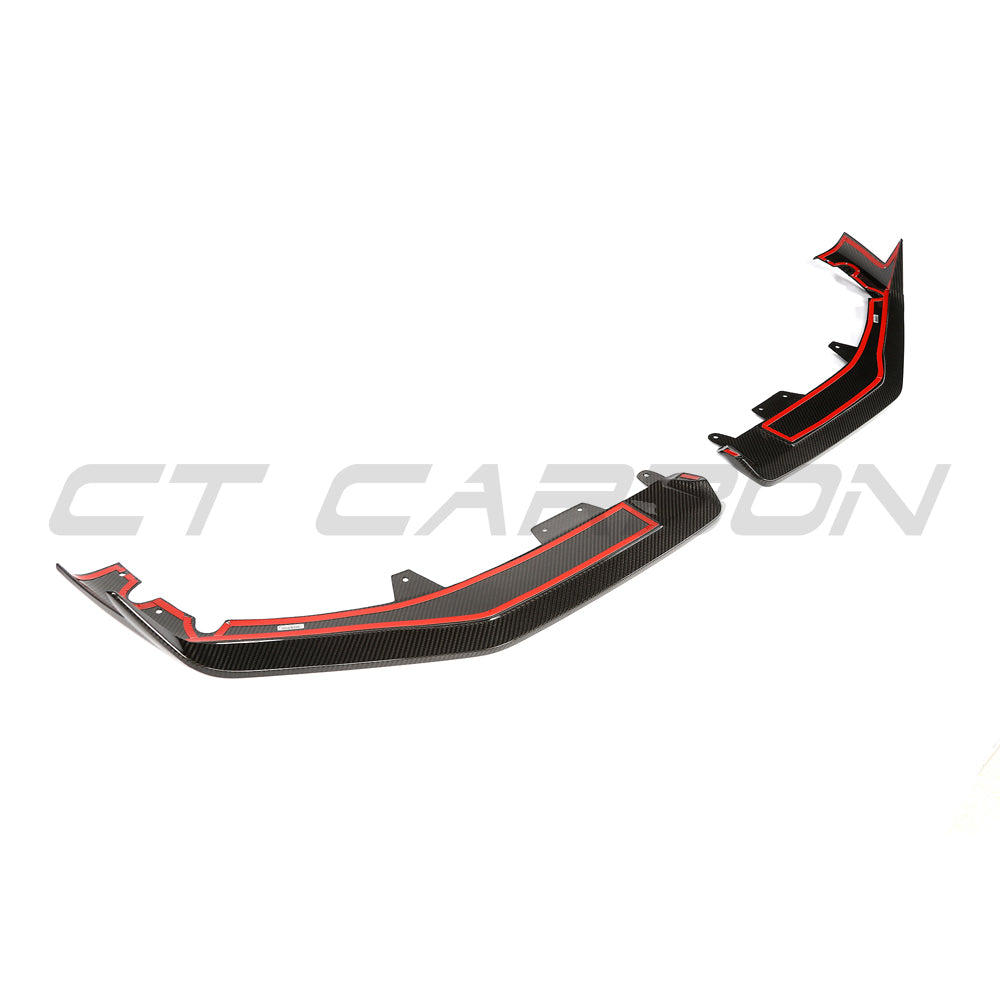 BMW F95 X5M 2023+ CT Carbon carbon fibre splitter, front aerodynamic upgrade with sleek carbon fiber finish, enhancing vehicle performance.
