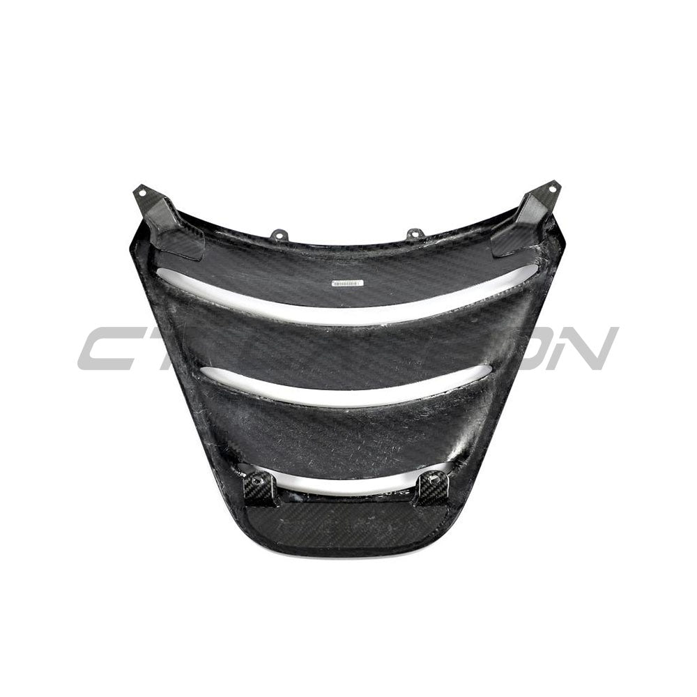 Carbon fiber engine cover for McLaren 720S by CT Carbon, showcasing sleek, lightweight automotive accessory with detailed weave pattern.