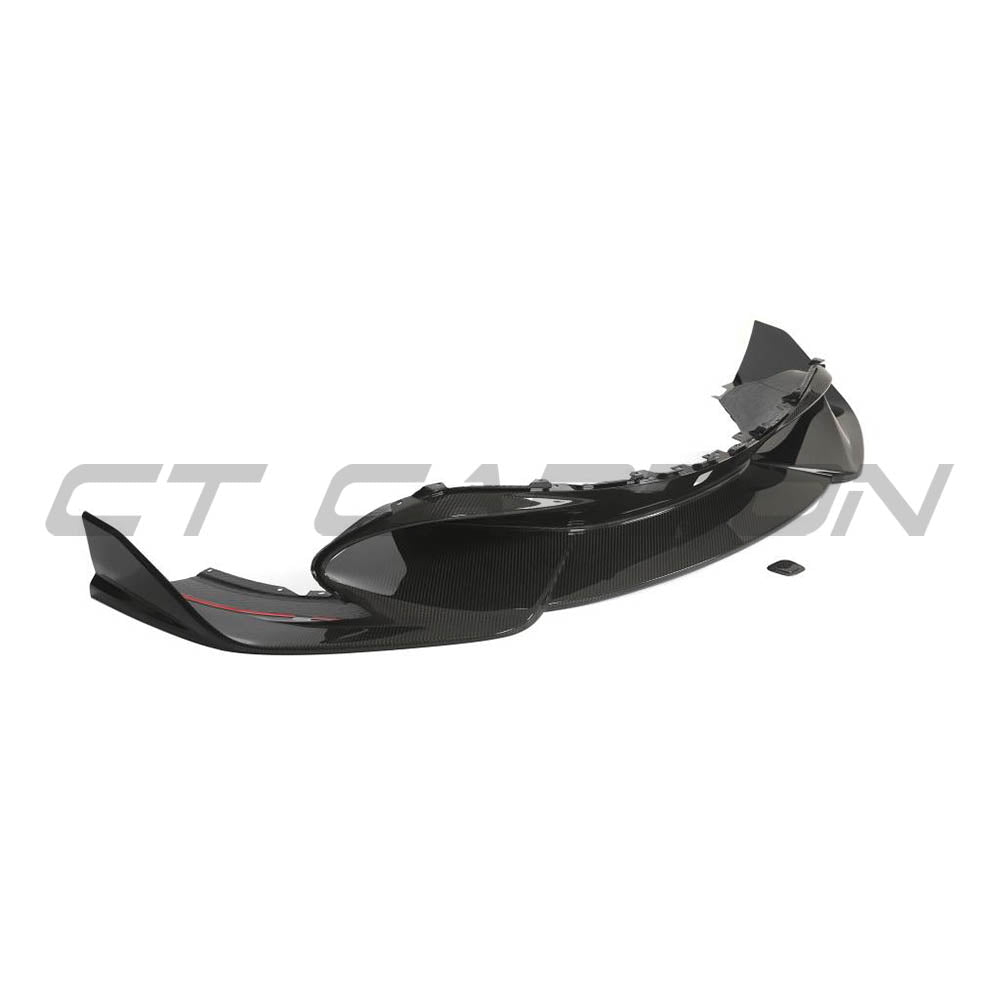 McLaren 720S full carbon fiber splitter kit by CT Design V3, showcasing sleek, lightweight carbon fiber components on the car.