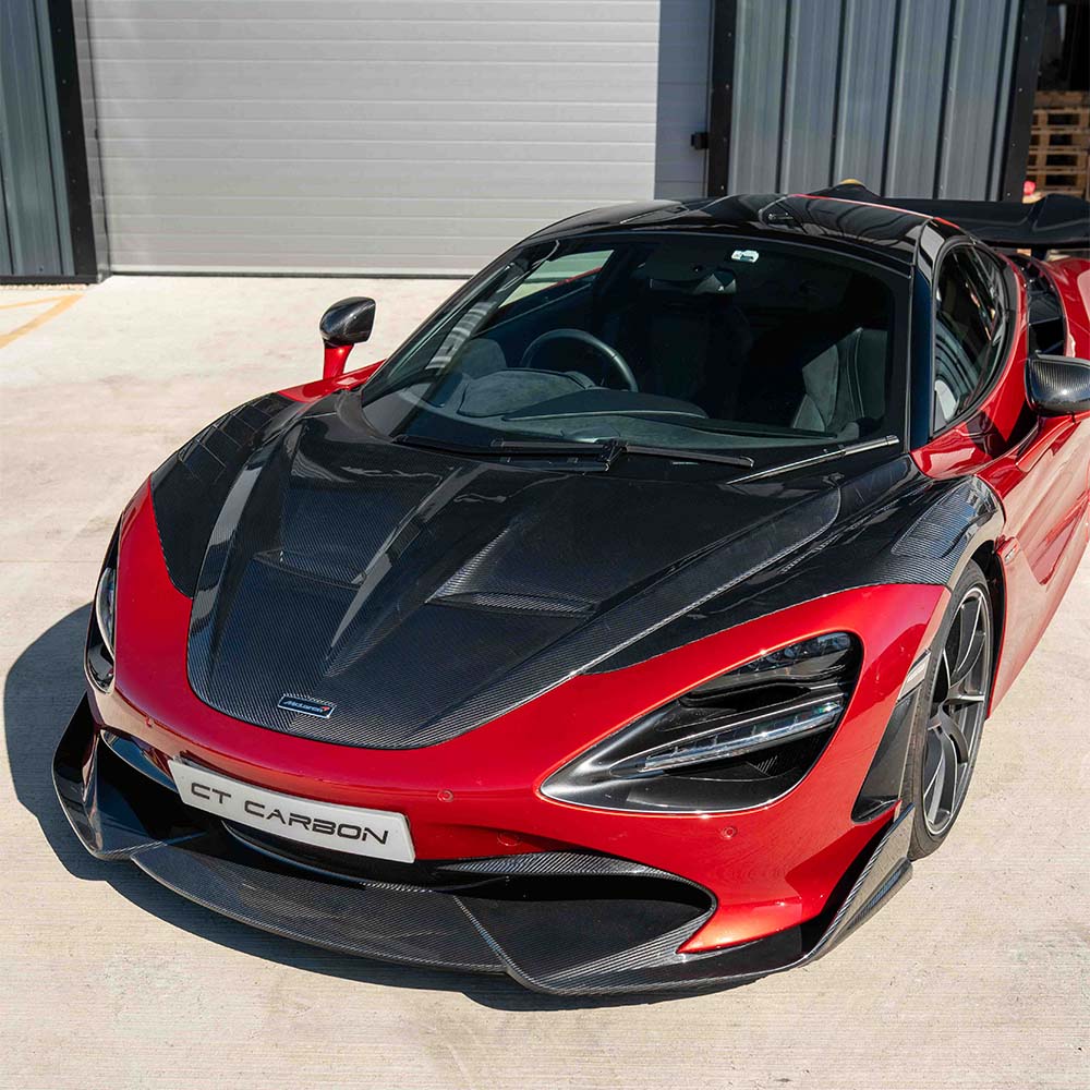 McLaren 720S full carbon fiber splitter kit by CT Design V3, showcasing sleek, lightweight carbon fiber craftsmanship.