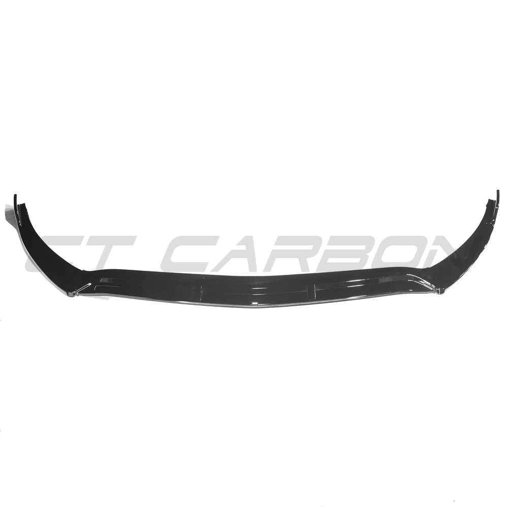 Mercedes W118 CLA gloss black B-style splitter by CT Carbon, showing the sleek aerodynamic front splitter for sporty styling.