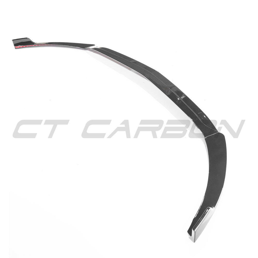 Gloss black Mercedes W118 CLA B Style splitter by CT Carbon, showcasing the sleek aerodynamic design and high-quality finish.