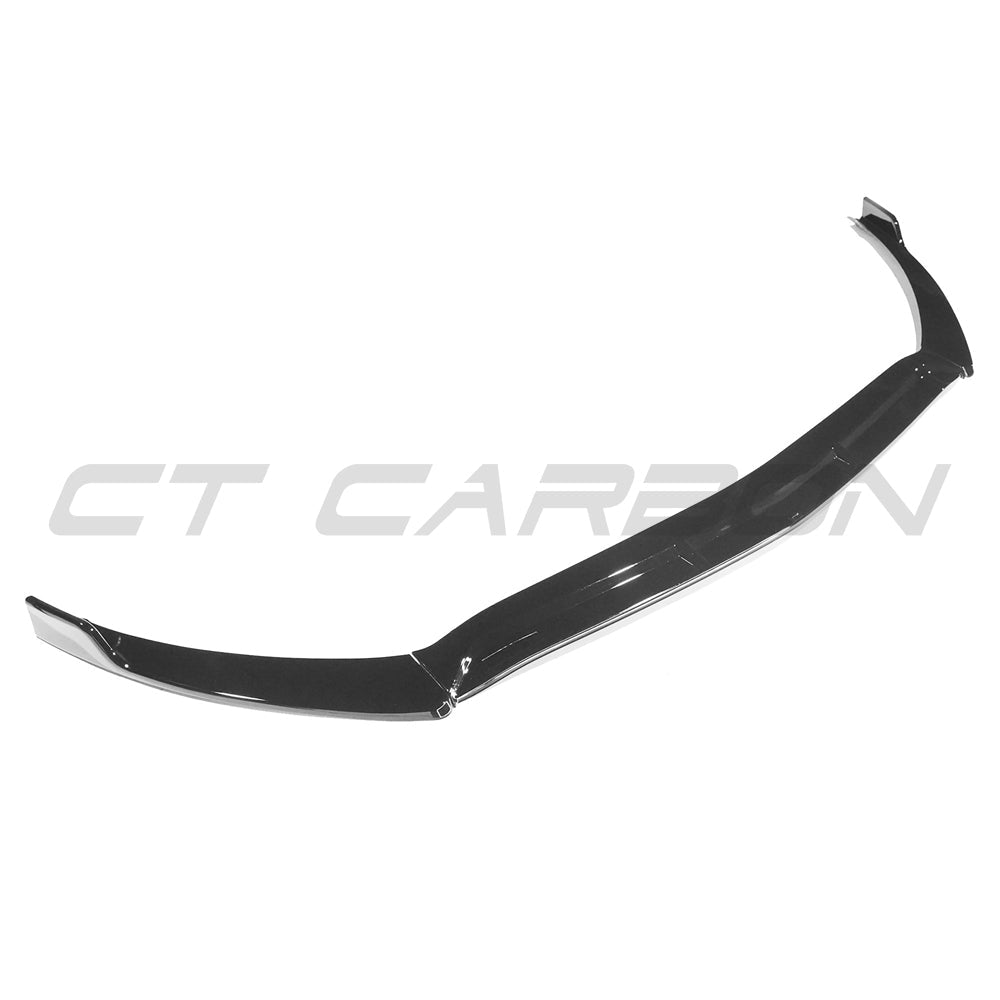 Carbon fiber Mercedes W118 CLA B Style gloss black splitter by CT Carbon, showing the sleek aerodynamic front splitter.
