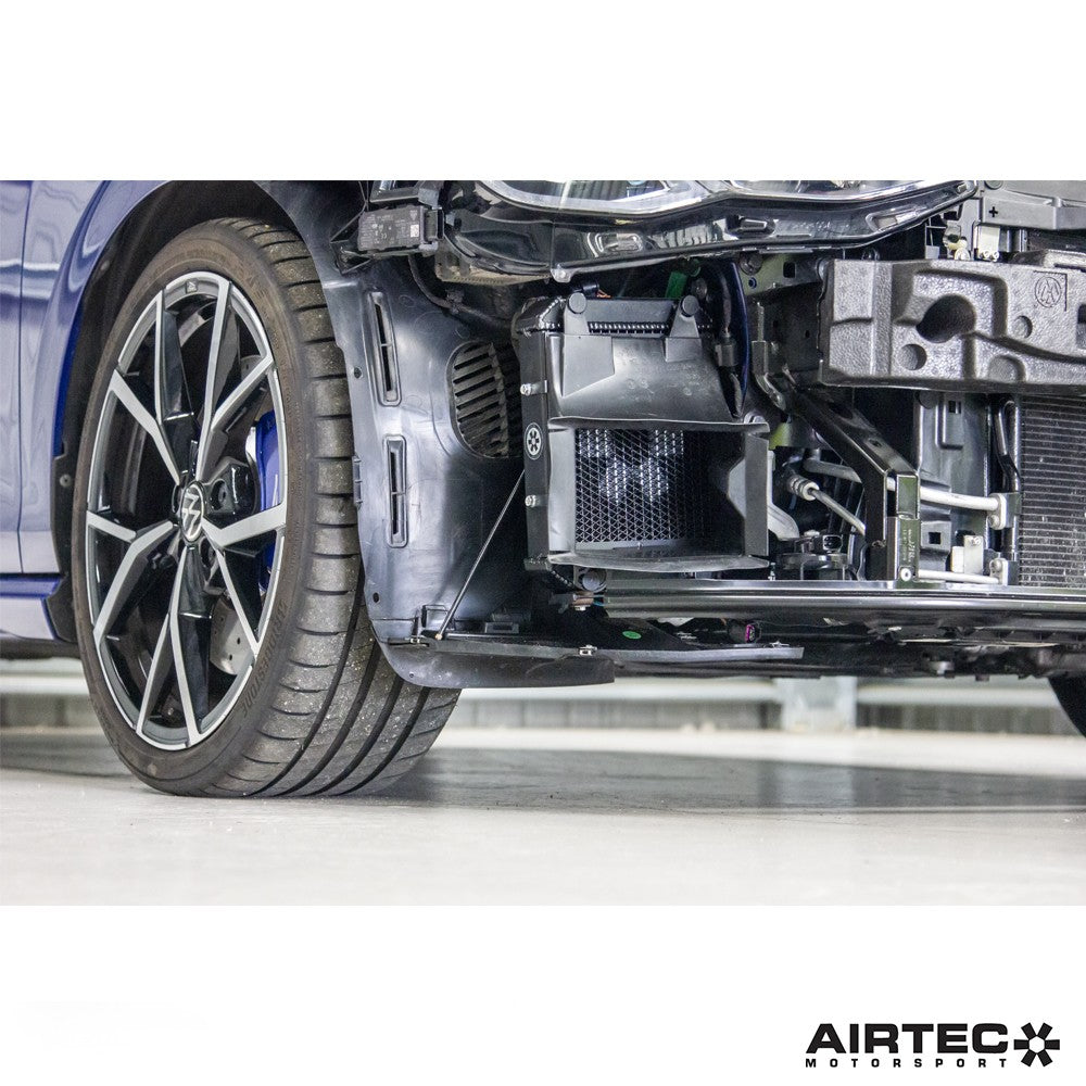 Airtec Motorsport auxiliary radiators for 1.8 and 2.0 TSI EA888 Gen 4 engine, installed in MK8 vehicle model.