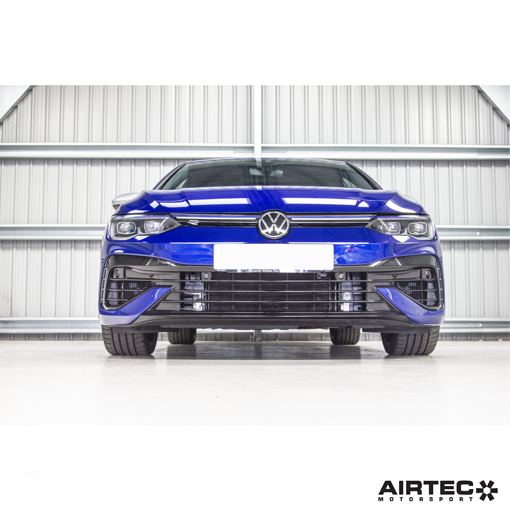Airtec Motorsport auxiliary radiators for 1.8 and 2.0 TSI EA888 Gen 4 engines, shown installed in a MK8 vehicle.