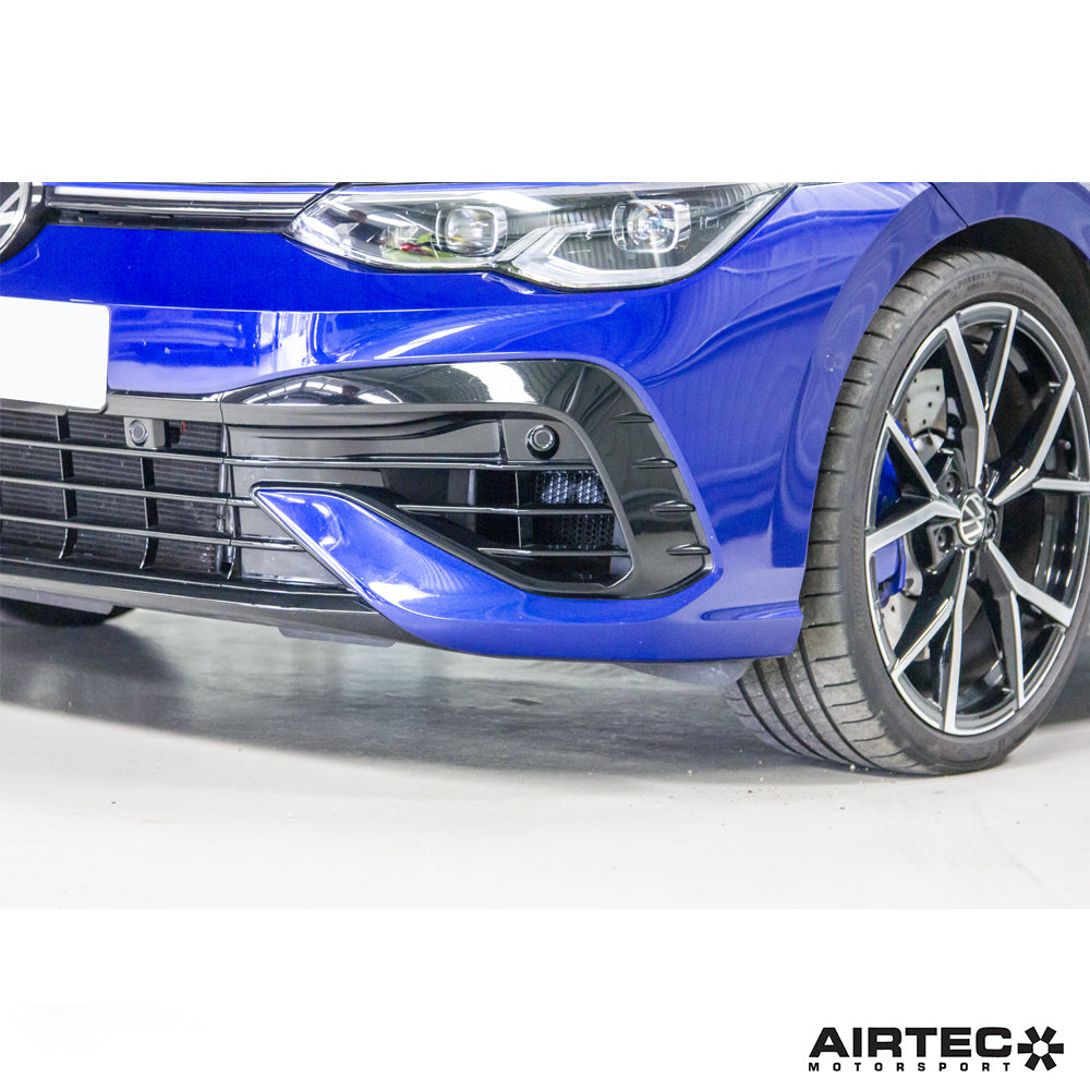 Airtec auxiliary radiators for 1.8/2.0 TSI EA888 Gen 4 engines, MK8 model, installed in a vehicle engine bay.