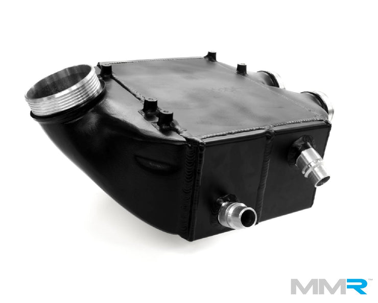 MMX Performance top mount performance charge cooler for BMW S55 F8x M2C M3 M4, with visible cooling fins and mounting brackets