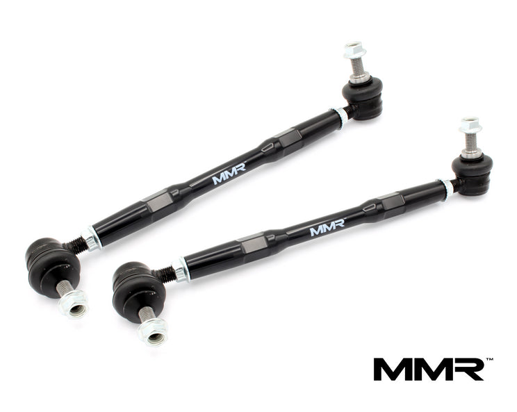 MMX Performance adjustable drop links for BMW F8x M2, M2C, M3, M4 suspension linkages, shown in silver with part number MMR24-10013