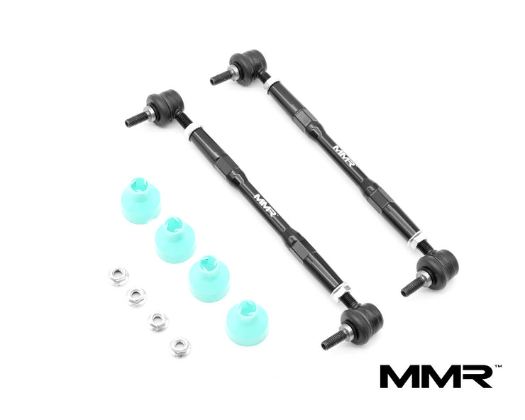 MMX Performance adjustable drop links for BMW F2x, F3x, and F56 suspension, featuring durable metal construction and adjustable design.