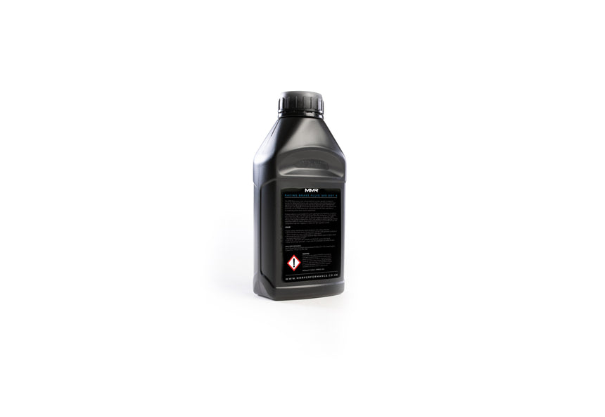MMX Performance MMR racing brake fluid bottle, clear container with black cap and label, designed for high-performance vehicle braking systems.