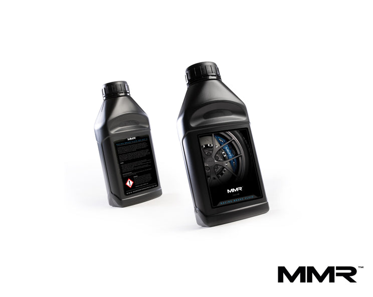 MMX Performance MMR Racing Brake Fluid bottle with logo, designed for high-performance automotive braking systems.