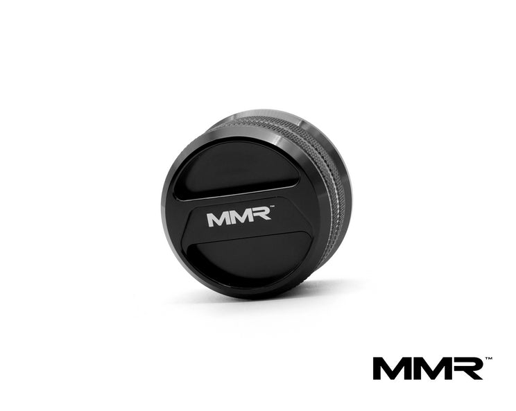 MMX Performance MMR 60mm billet coolant expansion cap for BMW, high-quality automotive engine cooling component.