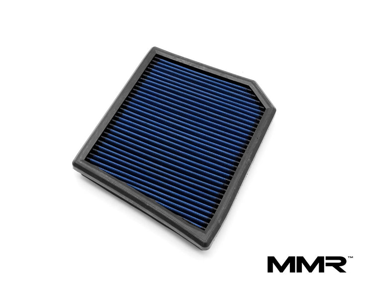 MMX Performance cotton panel air filter for BMW F40 F44 M135i M235i, shown with white filter material and black frame.