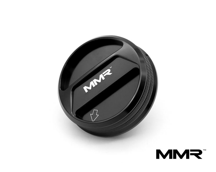 BMW cooling system component featuring the MMX Performance MMR 90mm billet coolant expansion cap in a close-up view.
