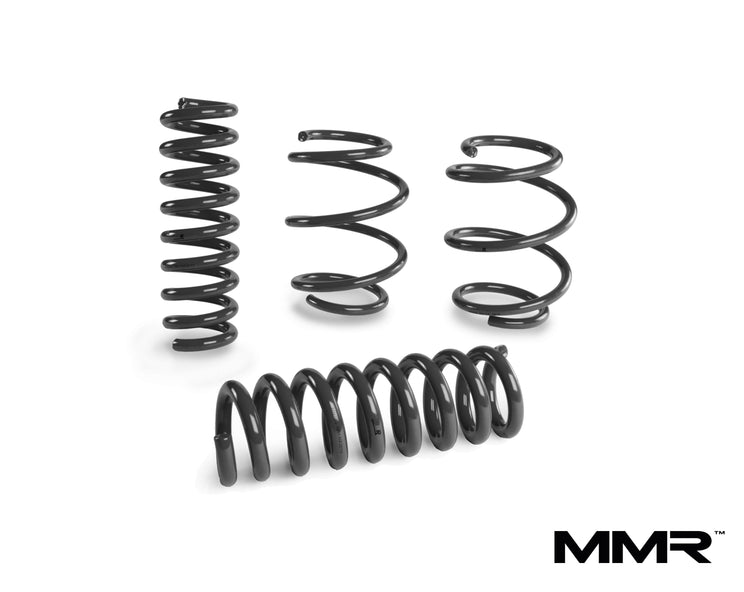 MMX Performance lowering springs for BMW M2 and M2 Competition F87 models, showcasing the product logo on a black background.