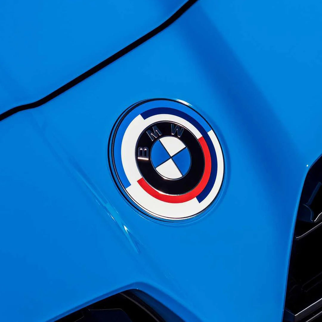 Genuine BMW 50 Years of M front and rear badge emblems for X5 G05, featuring authentic M logo badges on a sleek design.