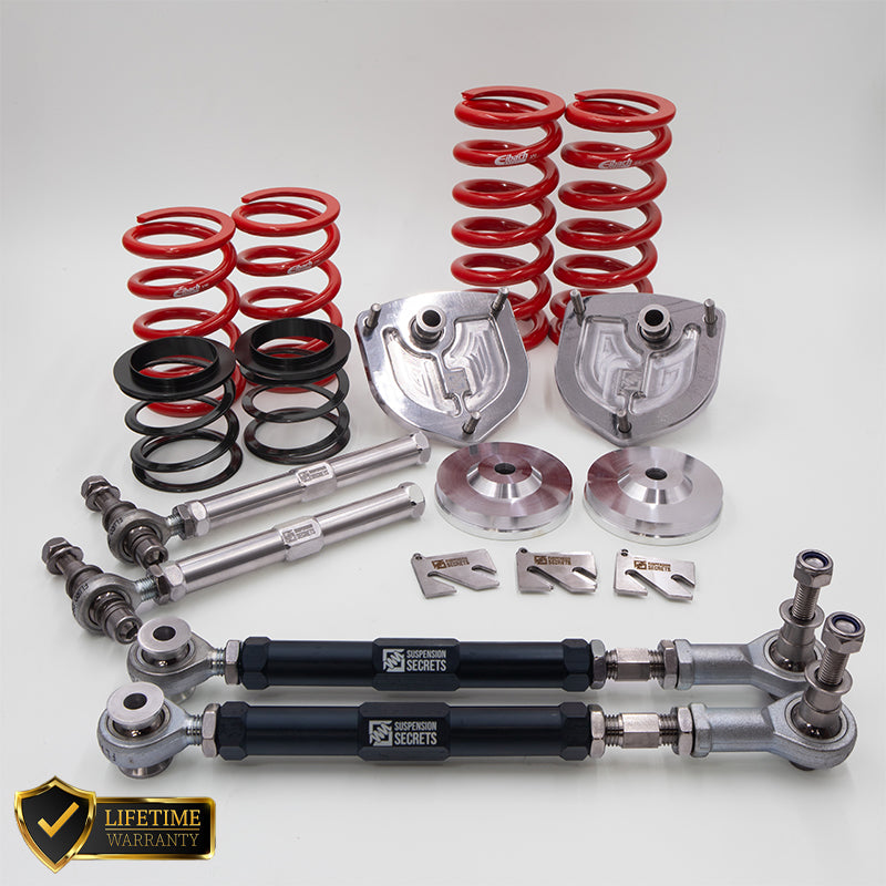 Suspension Secrets Circuit Handling Pack kinematics kit with suspension linkages for Porsche 981 and 718 Cayman GT4 on a white background.