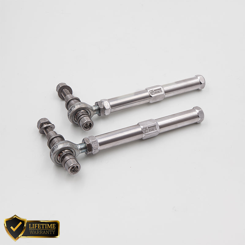 Suspension Secrets adjustable bump steer tie rod ends for Porsche 981 Cayman and Boxster GT4, showing the suspension linkage components.