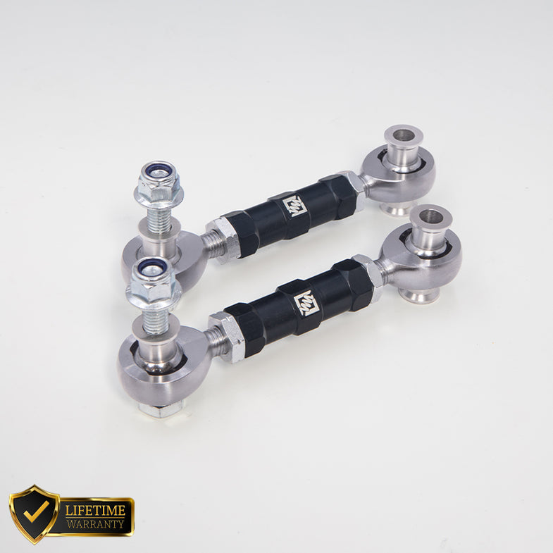 Suspension Secrets adjustable rear drop links for BMW G87 M2, showing metal linkage components with mounting points.