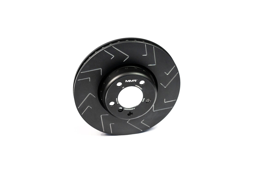 Rear BMW F2x F3x MMX Performance brake discs for fast road driving, shown installed on the vehicle.