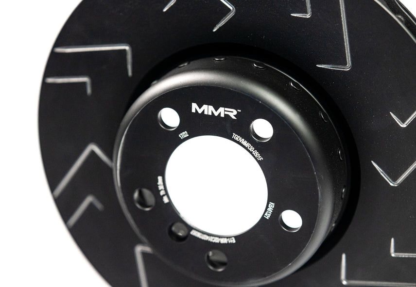 Rear brake discs for BMW F2x F3x, MMX Performance fast road rotors, shown in a close-up image of the replacement brake discs.