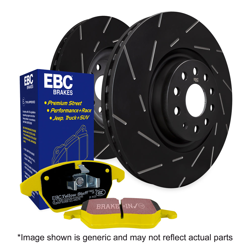 EBC Yellowstuff brake pads and Ultimax disc kit for Audi VW 8V A3, showing the brake pads and disc components.