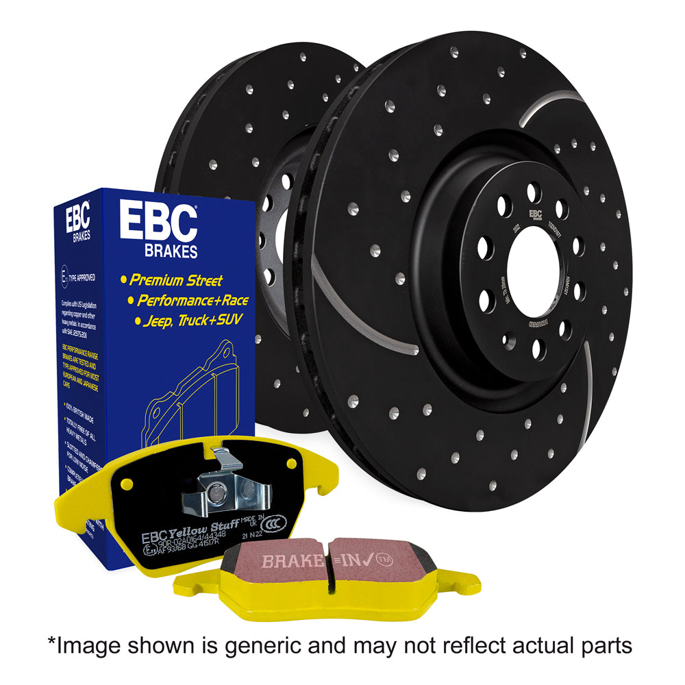 EBC Front Yellowstuff brake pads and Turbo Groove disc kit for Audi and VW A3 8V, showing brake pad set and drilled disc.