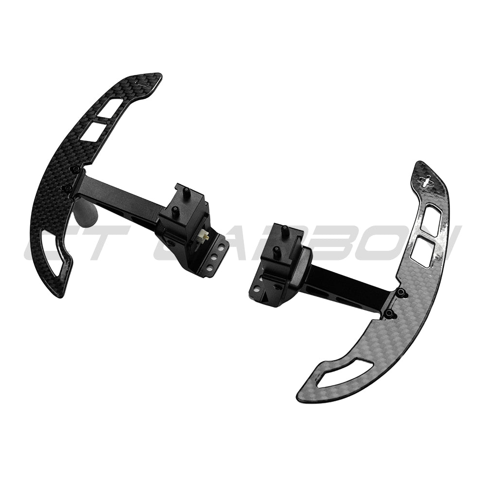 CT Carbon magnetic carbon fiber paddle shifters for Porsche 911, Cayman, Boxster, Cayenne, Macan models from 2013+ shown in image.