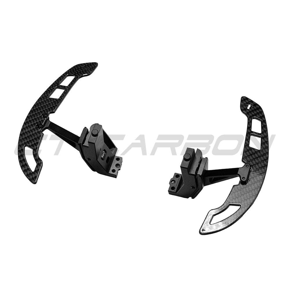 Carbon fiber paddle shifters for Porsche 911, Cayman, Boxster, Cayenne, Macan 2017+ by CT Carbon, magnetic installation, close-up view