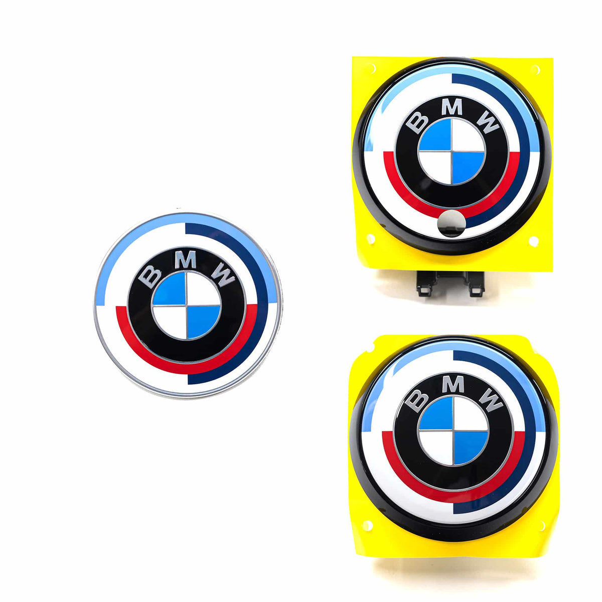 Genuine BMW 50 Years of M front and rear badge emblems for X5 G05, featuring anniversary design and authentic branding.