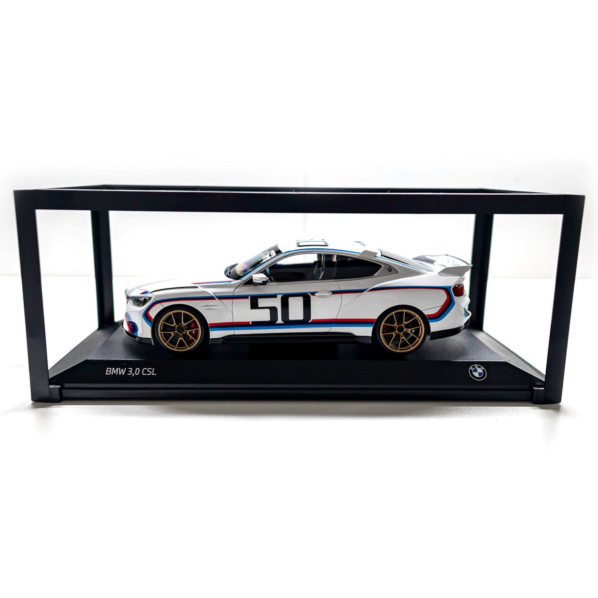 Genuine BMW 3.0 CSL 50 Years collector's scale model in 1:18 size, detailed BMW car replica with authentic design features.