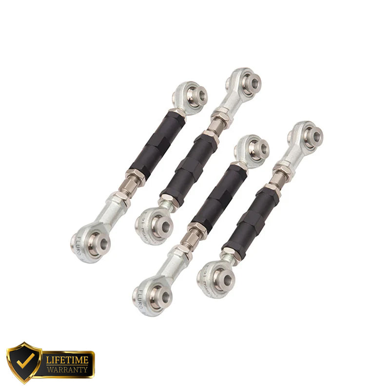 Suspension Secrets adjustable camber arms for Porsche 911 996 GT3/RS, close-up of suspension linkages with metal joints and mounting points.