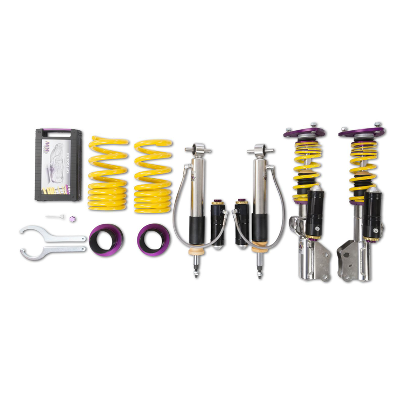 KW V4 Clubsport coilovers suspension linkages for Porsche 981 Cayman GT4, showing the high-performance shock absorbers and mounting components.