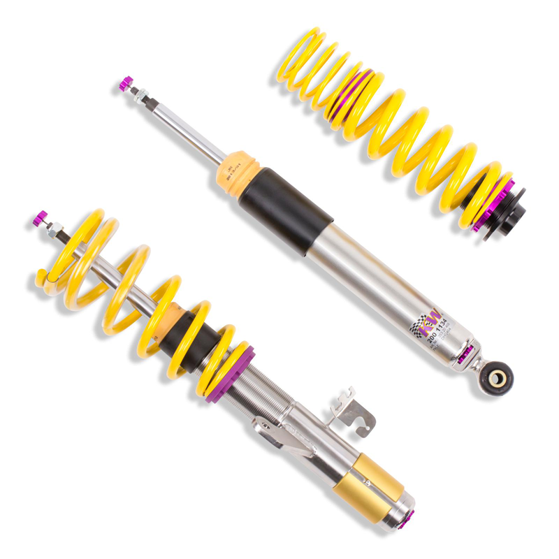 KW V3 coilovers for Porsche Boxster 986 suspension linkage, featuring adjustable components and branding details.