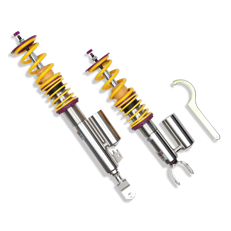 KW V3 coilovers suspension linkages for Porsche Boxster 986, featuring adjustable shocks and high-performance suspension components.