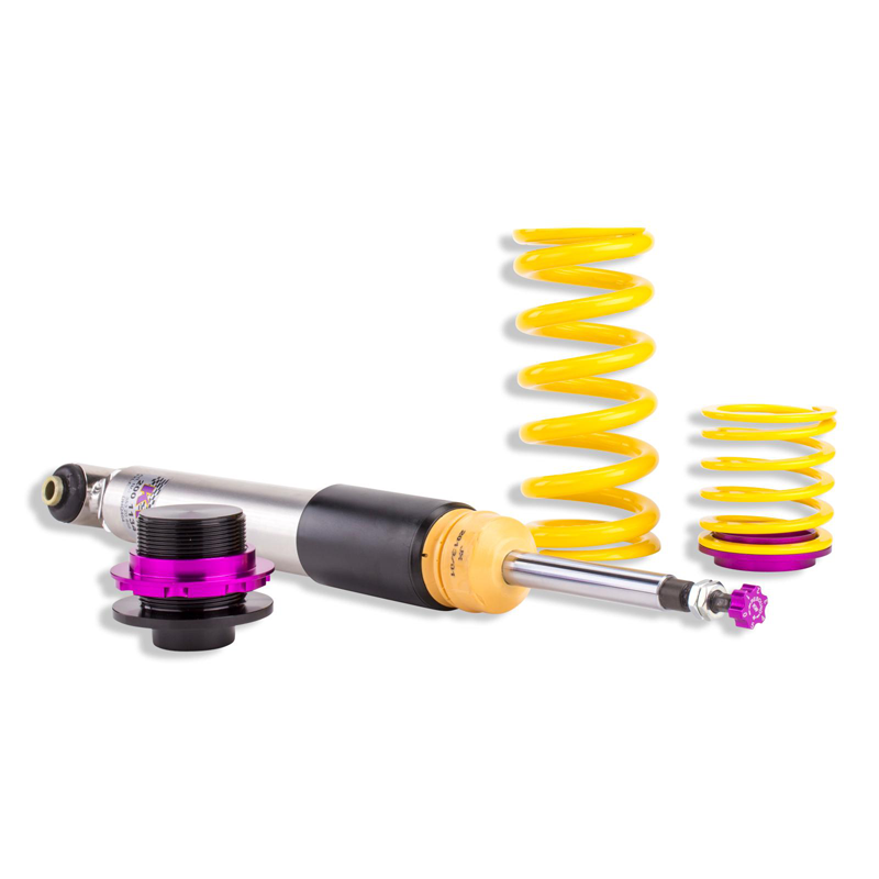 KW V3 coilovers suspension linkages for Porsche Boxster 986, showing adjustable shock absorbers and mounting components.