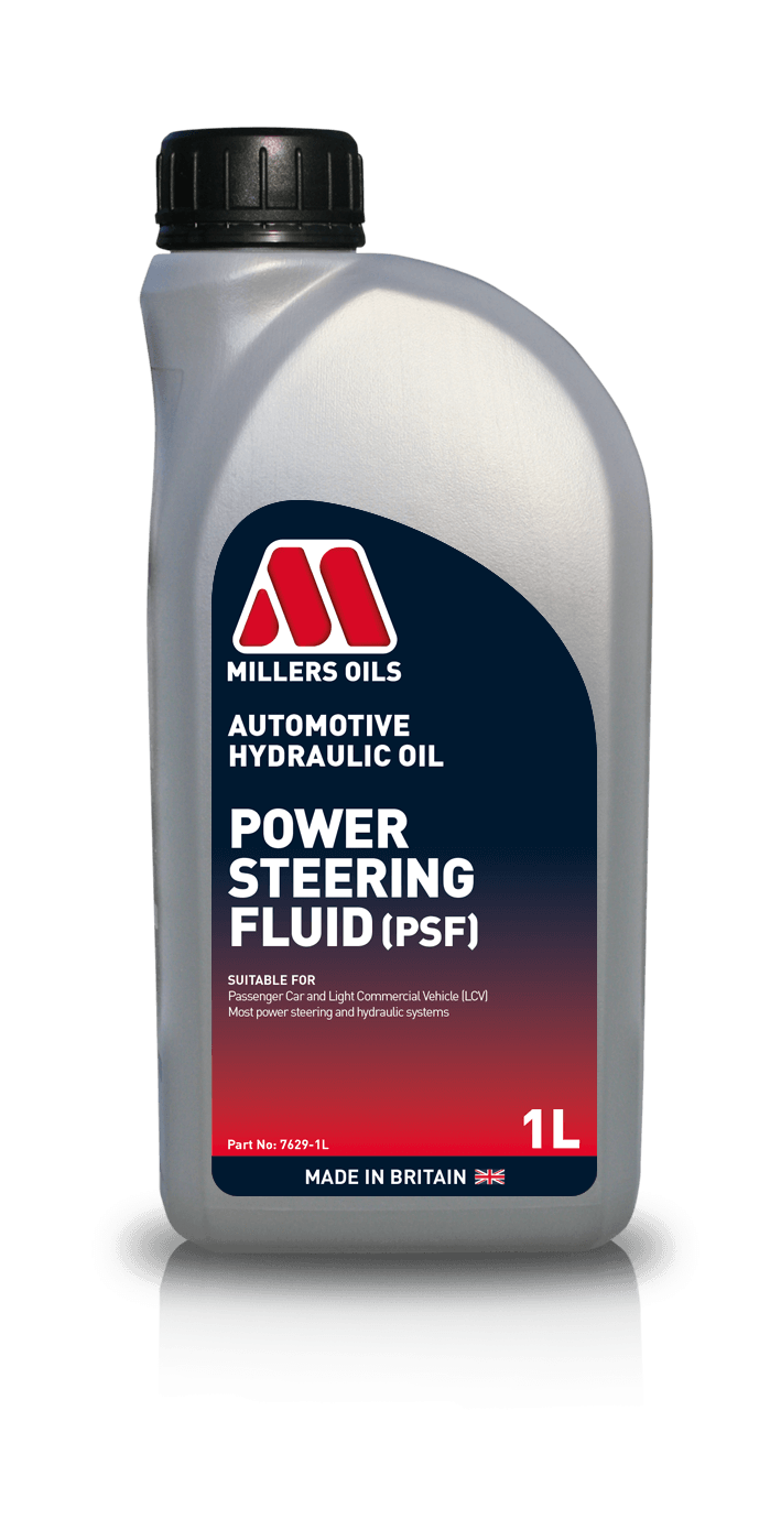 Millers Power Steering Fluid 1L bottle for vehicle steering systems, featuring a clear container with a black cap.