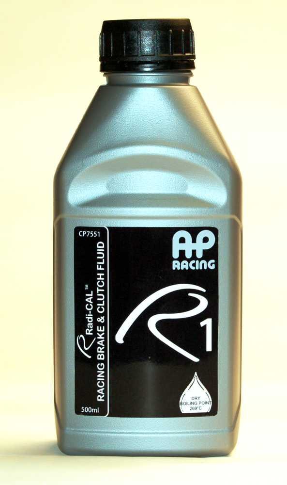 AP Racing R1 brake fluid bottle with 500ml capacity, clear container showing the brake fluid inside.
