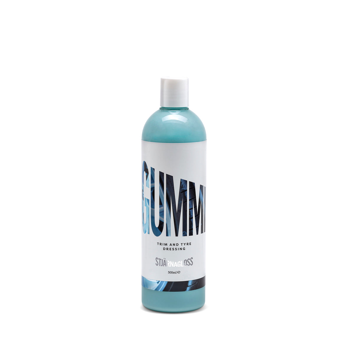 StjarnaGloss Gummi tire dressing in a 500ml bottle, showing a clean, glossy white label and product packaging.