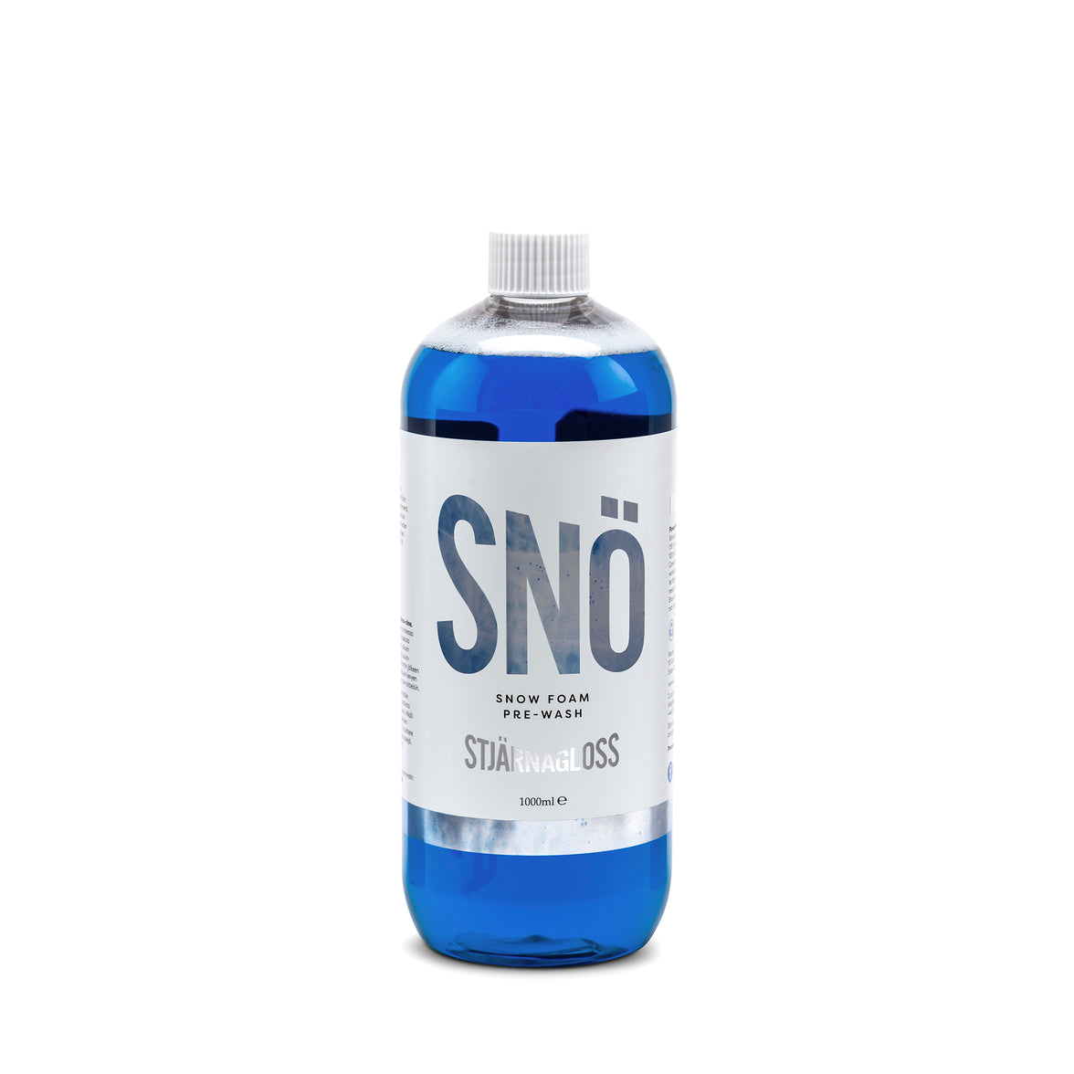 StjarnaGloss Snö pH Neutral Snow Foam Pre-Wash protective rinse aid applied to a car's white exterior for snow foam cleaning.
