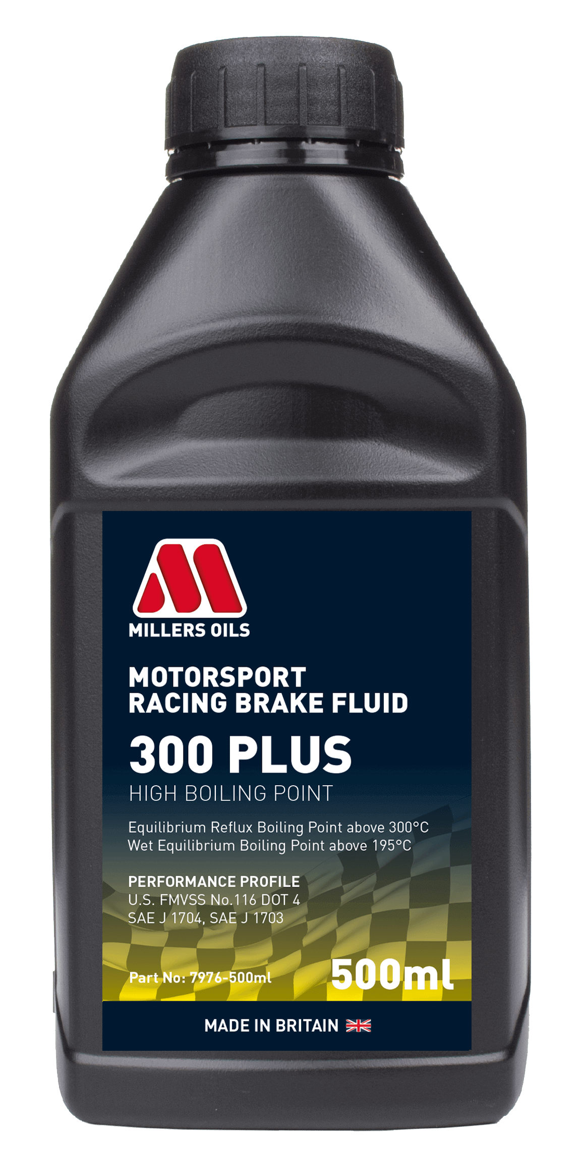 Millers Racing Brake Fluid 300 Plus in 500ml bottle, high-performance brake fluid for racing and high-temperature applications.